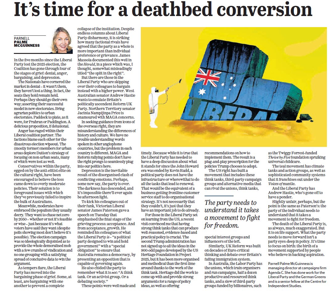 GrayConnolly's tweet image. This is quite good by @parnellpalme - the Right of politics is owned by factional powerbrokers who would rather control a losing party they can manipulate (through second and third rate puppets) than opening party processes up to attract better quality candidates #Auspol