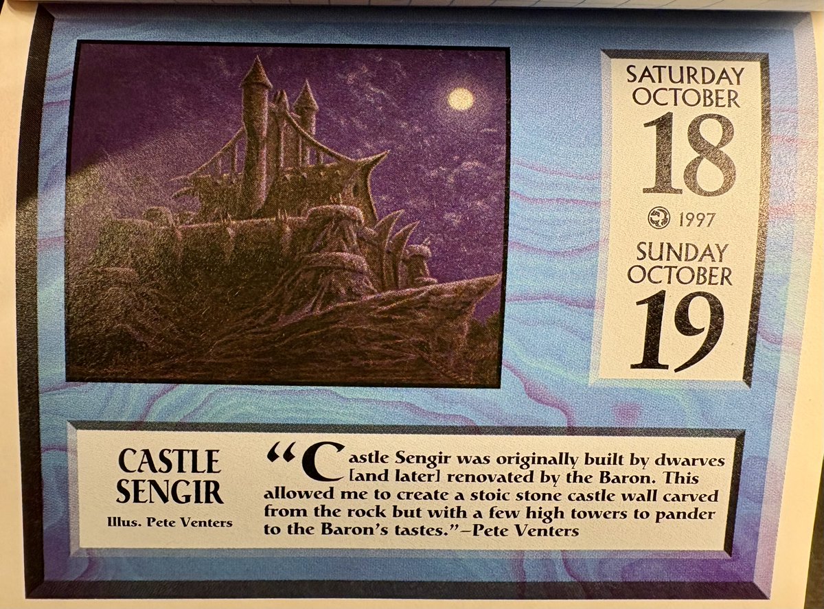 superalusu's tweet image. 10/18(土)19(日)
Castle Sengir
訳: センギア城はもとはドワーフが建て、後にバロンが自らの趣向で改築しました。
岩を削り出した重厚な城壁に、高い塔を加えてバロンの威厳を表現しました。
― ピート・ヴェンターズ
#1997MTG日めくりカレンダー