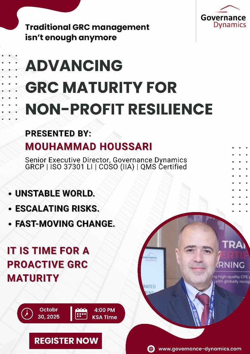 GovernanceDyn's tweet photo. 🌍 We are living in an era of relentless disruption.

Economic instability, escalating risks, and social uncertainty are reshaping how organizations operate and how they endure. For non-profits, this challenge runs deeper. They must remain resilient in crisis, agile amid disruption, and credible in the eyes of donors, partners, and communities, all while managing limited resources and increasing expectations.
That’s why traditional GRC management is no longer enough.

💡 Join us for this insightful webinar:
“Advancing GRC Maturity for Non-Profit Resilience”

🎙 Presented by: Mouhammad Houssari
Senior Executive Director, Governance Dynamics
GRCP | ISO 37301 LI | COSO | QMS Certified

🗓 October 30, 2025

⏰ 4:00 PM KSA Time

🔹 Explore how advancing your GRC maturity can transform your organization’s capacity to anticipate change and recover stronger.
🔹 Learn the key elements of becoming resilient, agile, and credible in an unpredictable world.
🔹 Move from reactive governance to strategic foresight and lasting stability.

🚀 It’s time for a proactive GRC maturity.

 🔗 Register now: https://t.co/Ijn24LCRpc

#GRC #NonProfitLeadership #GovernanceDynamics #Governance #RiskManagement #Compliance #Resilience #Agility #Credibility #Maturity #Sustainability #Leadership #GovernanceExcellence