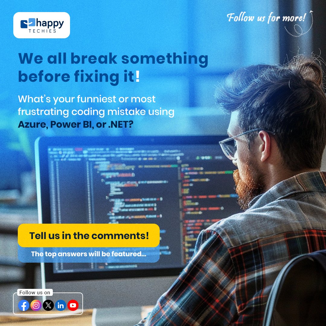 BeAHappyTechie's tweet image. Share your story, someone else might be making the same mistake today! Let’s normalize learning from bugs.  
Drop your “oops moment” in comments. 
@BeAHappyTechie #MicrosoftDevelopers #TechFails #LearnTogether