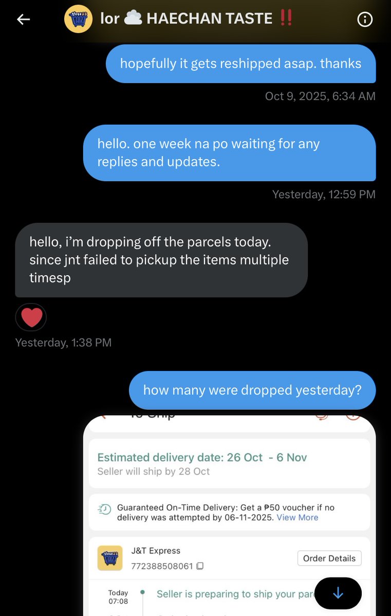 kunskourier's tweet photo. the most stressful transaction i have ever had in this app. i understand there’s delays due to them moving and the spx internal issues. but they still lack updates. i’m thinking that my parcel is not one of the “dropped” ones. @three23cart pls respond to ur dms asap. https://t.co/1MT2GU7WOZ