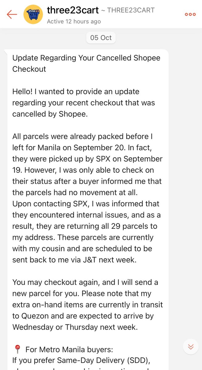 kunskourier's tweet photo. the most stressful transaction i have ever had in this app. i understand there’s delays due to them moving and the spx internal issues. but they still lack updates. i’m thinking that my parcel is not one of the “dropped” ones. @three23cart pls respond to ur dms asap. https://t.co/1MT2GU7WOZ