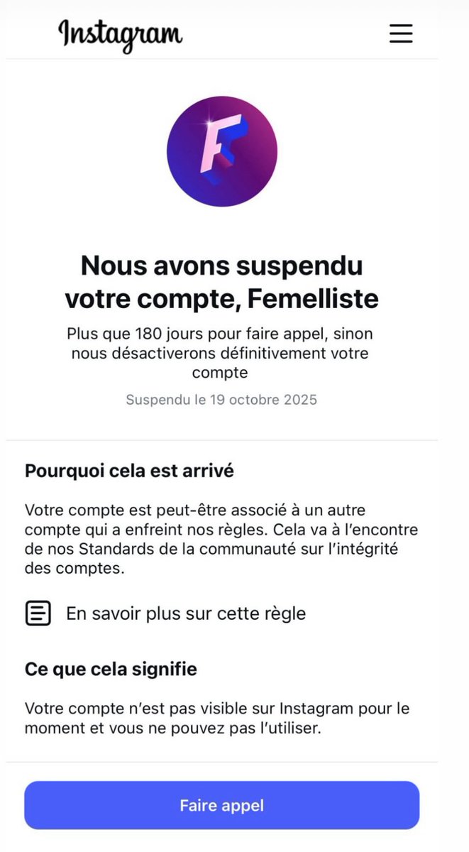 Bonjour <a href="/MetaFrance/">Meta France</a>. 
La fermeture des comptes Instagram de <a href="/doramoutot/">Dora Moutot</a> <a href="/Coll_Nemesis/">Collectif Némésis</a> <a href="/Femelliste_TV/">Femelliste TV</a> est absolument intolérable. 

Ces atteintes à la liberté d’expression  doivent cesser et les comptes être immédiatement rétablis.