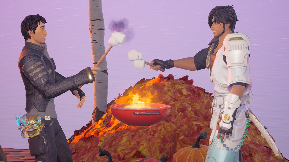 *Trick*
Ryūji’s secretly a scaredy-cat, and Daigo pranks him.
Prank’s a total win, Ryūji’s pouting.

*Treat*
Roasted marshmallows for a make-up vibe.
Daigo’s got a charred one.

(Thanks voting!)

code : 5678-5060-7506
creator : shaym_on_u

#Fortnite #Fortography 
#Ryuji #Daigo