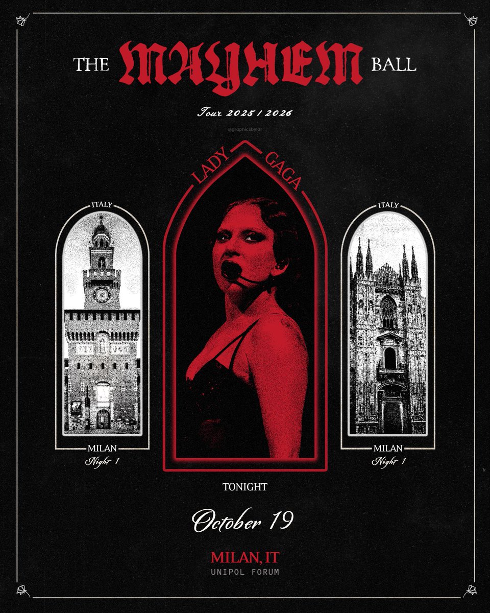 MayhemBallTour's tweet image. Milan N1 🇮🇹
Ciao ragazzi! Lady Gaga brings The MAYHEM Ball to the Unipol Forum tonight for her first of two shows in Milan! 🍝✨
After treating Stockholm with Joanne and Grigio Girls on piano, which surprise songs do you think she’ll pick tonight? Will she go for Angel Down,…