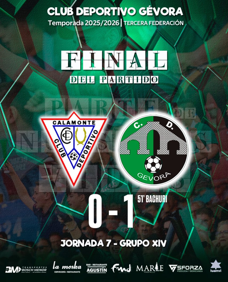 🔚 𝐅𝐈𝐍𝐀𝐋 𝐃𝐄𝐋 𝐏𝐀𝐑𝐓𝐈𝐃𝐎

⚪️ <a href="/CCalamonte/">CD Calamonte</a> 0-1 <a href="/CdGevora/">Cʟᴜʙ Dᴇᴘᴏʀᴛɪᴠᴏ Gᴇ́ᴠᴏʀᴀ</a> 💚 

⚽️ Bachuri 

✅ VICTORIAAAA Y PRIMEROS 3 PUNTOS fuera de casa en un partido de lo más igualado. 

#Jornada7 
#CDCCDG