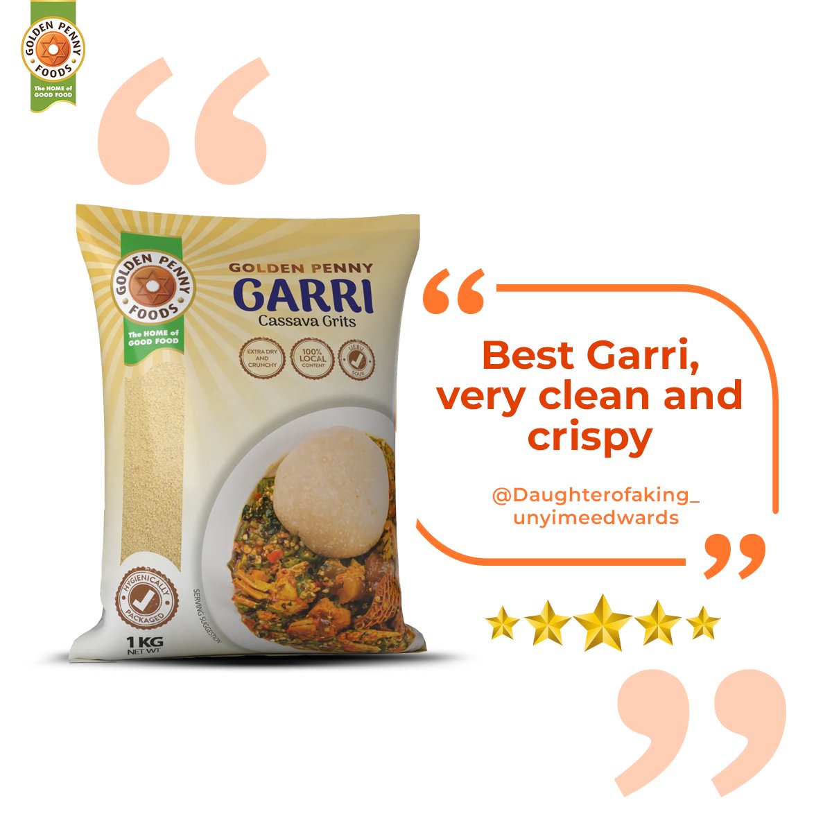 Gpgarri's tweet photo. Golden Penny Garri is always clean, crispy, and versatile
Itโs perfect for making Eba, soaking, or even chewing straight from the pack.๐
Can you really say youโve enjoyed Nigerian food without a bowl of Garri in your lifetime?
#ValueToTheMax #GoldenPennyGarri #ConsumerReview https://t.co/eKficY2pgF