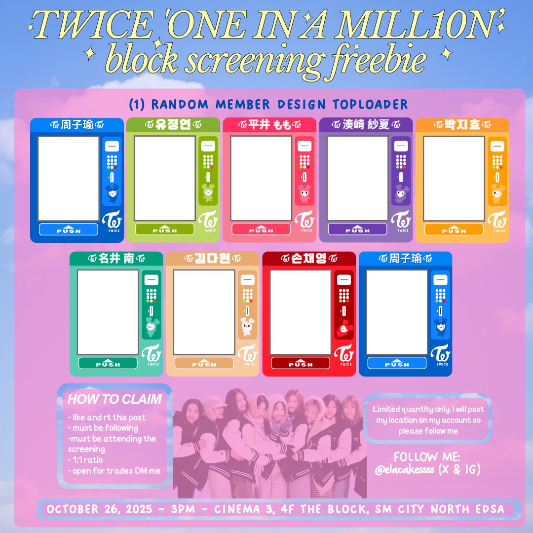 TWICE ₊˚ෆ ONE IN A MILL10N ෆ˚₊ BLOCK SCREENING FREEBIES by <a href="/elacakessss/">₁₃ⁿᶜᵗEla Sunbaenim ⁷ | is seeing svt✨</a>

♡ strictly for ONCE that will be attending 
♥︎ 1:1 only 
♡ like, rt, and follow me for
♥︎ open for trades dm me!
♡ loc: follow me for updates

#PHONCE #TWICE_10th_Anniversary #TWICEONEINAMILLION