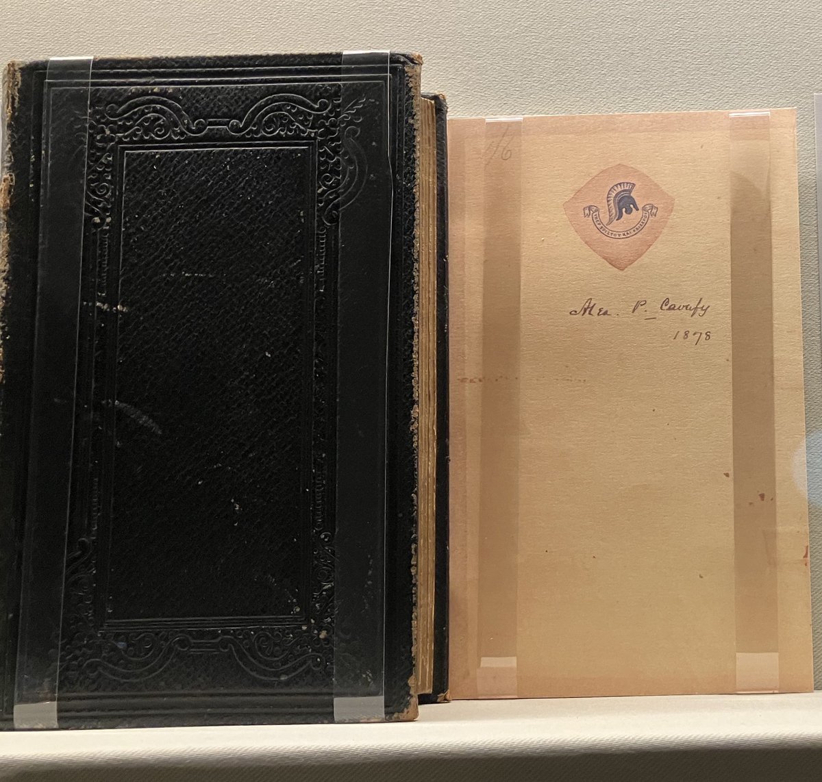 CCavafy's tweet image. The Bible in English translation (1877). On the back of the cover, a paper crest of the Cavafy family, “For Christ and Caesar”, is attached, along with the signature of Alexandros P. Cavafy, the poet’s brother. From Cavafy’s personal library. Cavafy Archive, Athens.