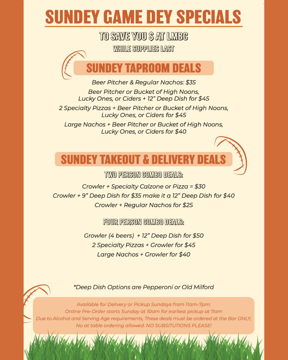 Catch every game with our NFL Sunday Ticket and score big with our Deep Dish Pizza &amp; Beer Pitcher deal! 🏈🍕🍺

Join us every Sunday from 11am to 7pm — the perfect combo to eat, drink, watch, and save!