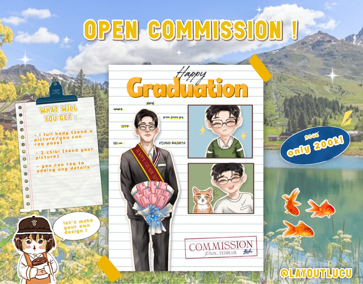 RT and like are highly appreciate 💝💐

Open Commission: Graduation Gift Edition 🎓

Bingung mau kasih hadiah apa buat graduation temen atau sahabat?, Hadiahkan momen spesial dalam bentuk ilustrasi, udah dapet special 1 full body dan 2 chibi!
DM for order😎👍🏻 💌
#art #zonauang