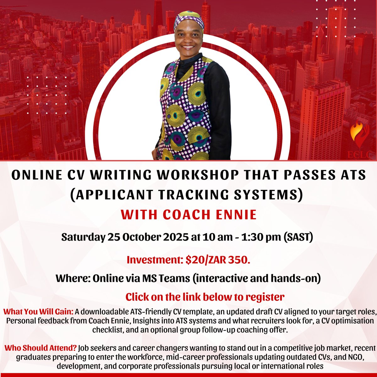 Are you sending out CVs but not hearing back from employers?  It might be time to level up your CV strategy!

🎯 Join Coach Ennie for an interactive, practical CV Writing Workshop designed to help you:
1. Understand what recruiters and hiring systems (ATS) look for
2. Build a