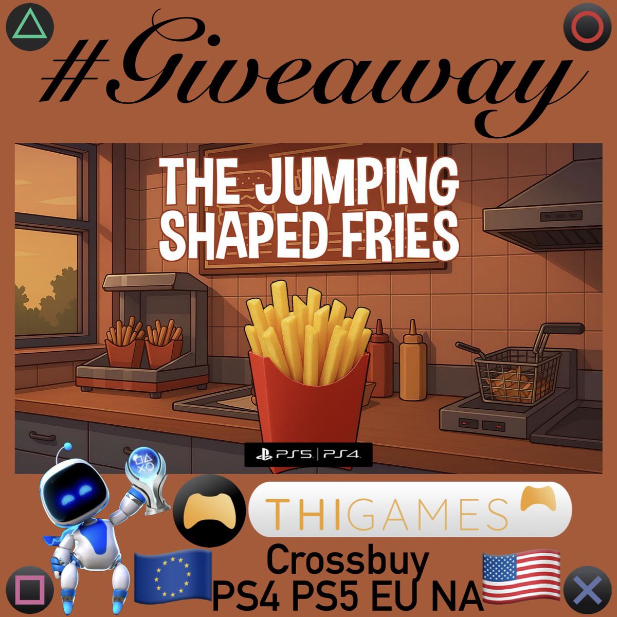 🎁 #Giveaway 
🎮 The Jumping Shaped Fries 🍟 
🗝️10x #PS4 #PS5  🔄 Cross-Buy Code
🌐 🇪🇺 EU 🇺🇸 NA (5 each Region)
🔁 Repost 👤 Follow 
<a href="/PSN_Robert2567/">Robert2567</a> + <a href="/ThiGames_DE/">ThiGames</a> 
⏳ Winner’s in 48h → Good luck🍀