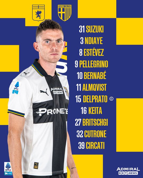 Graphic displays the starting lineup for a soccer team in a white and black Puma jersey with yellow accents, showing a player with short hair facing forward, surrounded by numbered player names like 31 Suzuki, 3 Ndiaye, 8 Estevez, 9 Pellegrino, 10 Bernabe, 11 Almagro, 15 Del Prato, 27 Keita, 32 Cuthrone, 33 Circati, with team crests and sponsor logos including Pronet and Admiral.