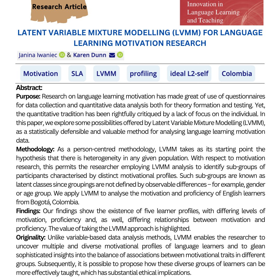 InnovationLLT's tweet image. Latent Variable Mixture Modelling (LVMM) for language learning motivation research
tandfonline.com/doi/full/10.10…