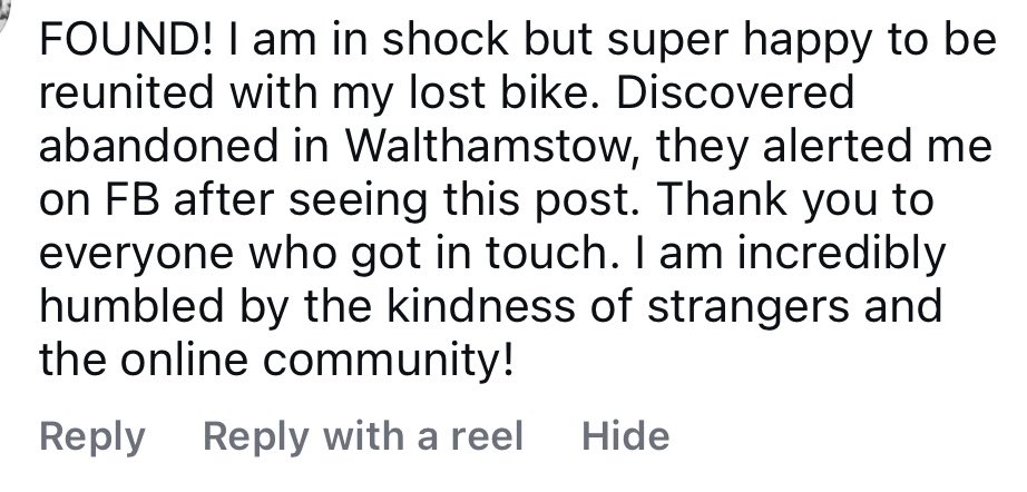 StolenRide's tweet image. Great news - after a post was shared on @StolenRide (Instagram), the stolen bike was located in Walthamstow.

Thank you to everyone who keeps an eye out, shares posts, and helps spread the word. It really shows the impact of a supportive community. 💛

#stolenride #londoncycling