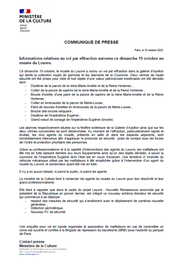 Informations relatives au vol par effraction survenu ce dimanche 19 octobre au musée du Louvre.