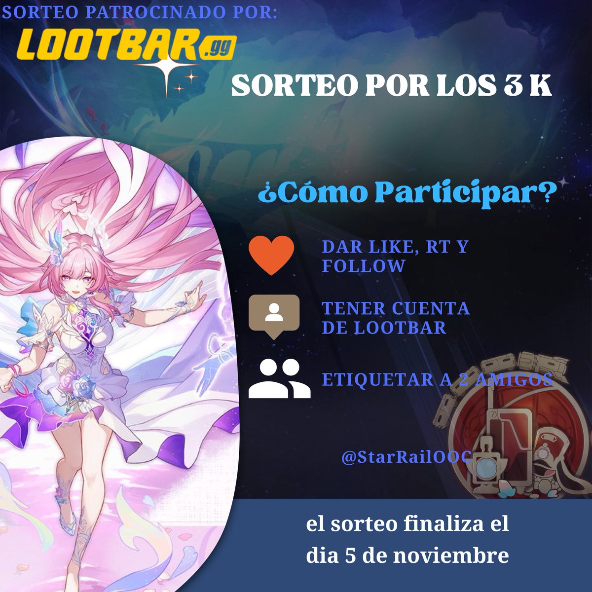 SORTEO POR LOS 3K PATROCINADO POR LOOTBAR

Requisitos:
Dar Like y RT
Seguirme 
etiquetar 2 amigos
Y tener cuenta de Lootbar (obligatorio para reclamar el premio)

Recuerda que puedes apoyarme comprando en Lootbar y de paso ahorrar mucho dinero!
-lootbar.gg/a/huOZ2m