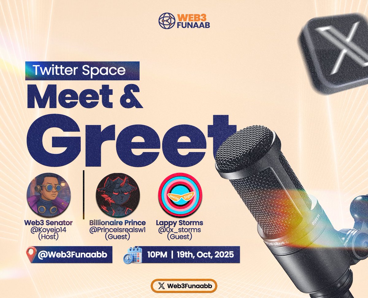 Web3Funaab (@web3funaabb) on Twitter photo Join us for a chill Meet & Greet on X
Let’s talk Web3, connect and vibe
🕙 10PM tonight
<a href="/Web3Funaabb/">Web3 Funaab</a> Join us for a chill Meet & Greet on X
Let’s talk Web3, connect and vibe
🕙 10PM tonight
<a href="/Web3Funaabb/">Web3 Funaab</a>