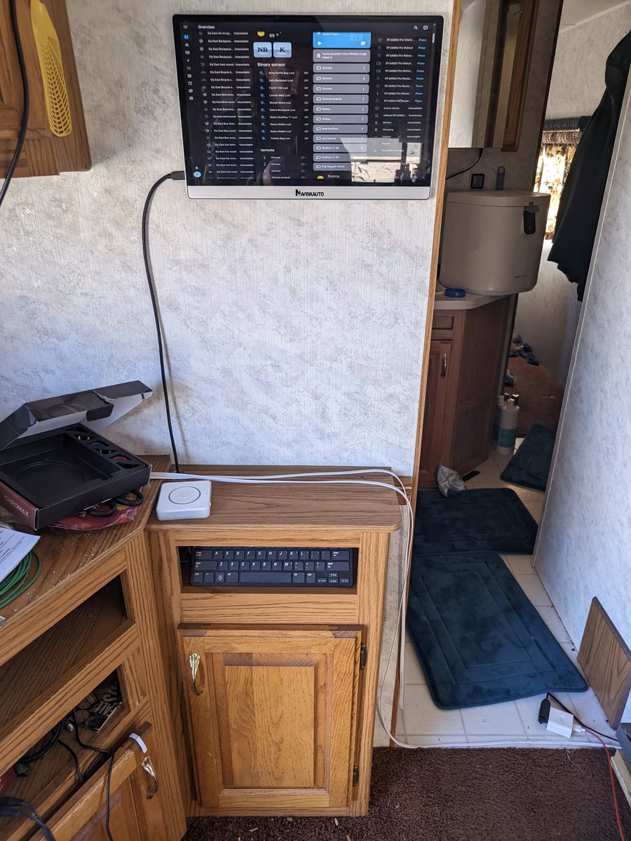 natrinicle's tweet image. Got my server moved into the lower cupboard with holes cut for 140mm fans and one of the two installed, and got the screen working with my HomeAssistant automatically logging in so I've got a dashboard showing status and allowing control!