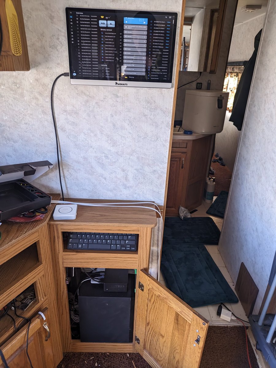 natrinicle's tweet image. Got my server moved into the lower cupboard with holes cut for 140mm fans and one of the two installed, and got the screen working with my HomeAssistant automatically logging in so I've got a dashboard showing status and allowing control!