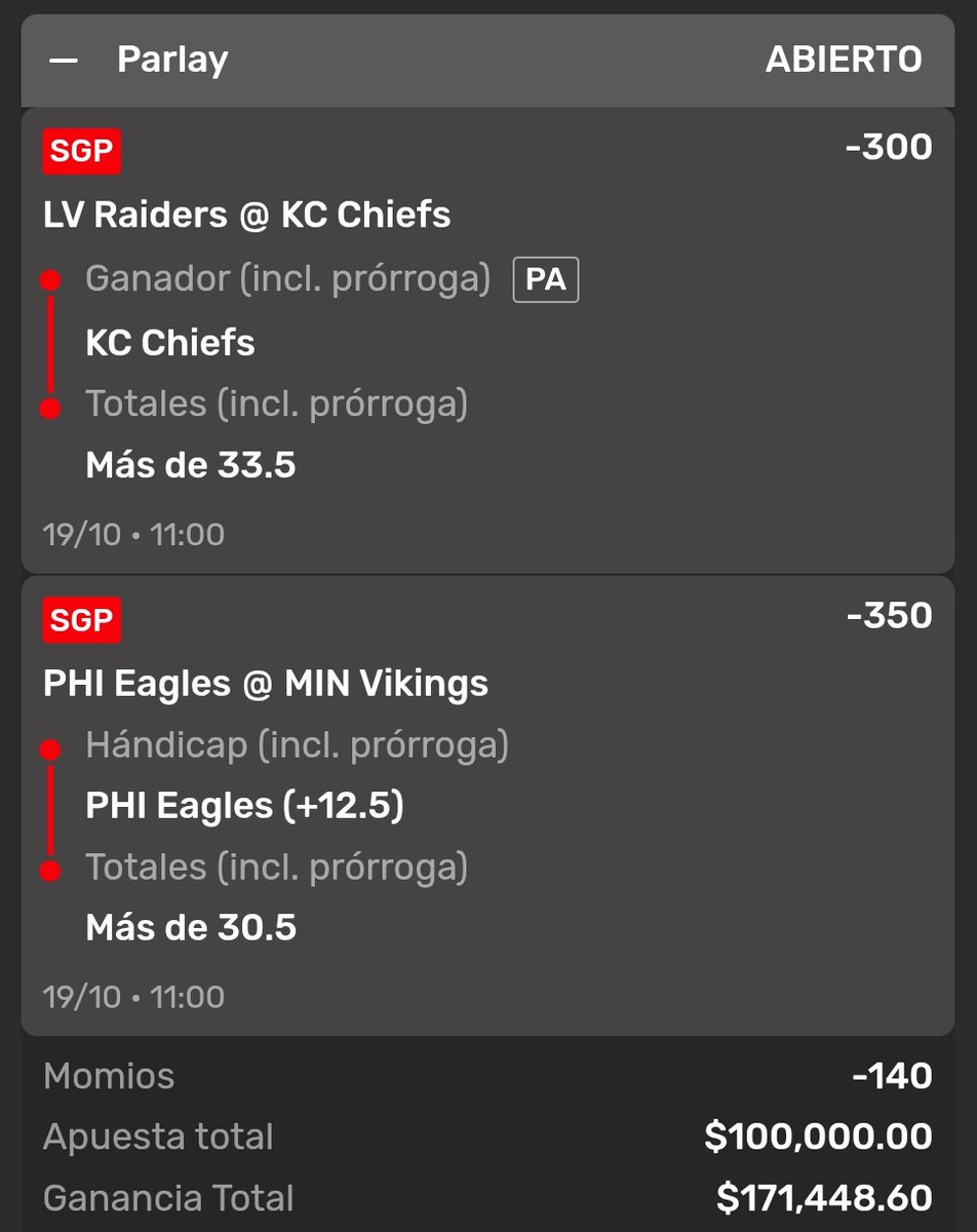 APUESTA TUMBADA, para cerrar la semana con broche de oro vamos con esta jugada grande
Si se gana voy a regalar 5k a 5 ganadores solo tienen que dar LIKE RT Y COMENTAR para participar 
#ChiefsKingdom #FlyEaglesFly #RaiderNation #NFL