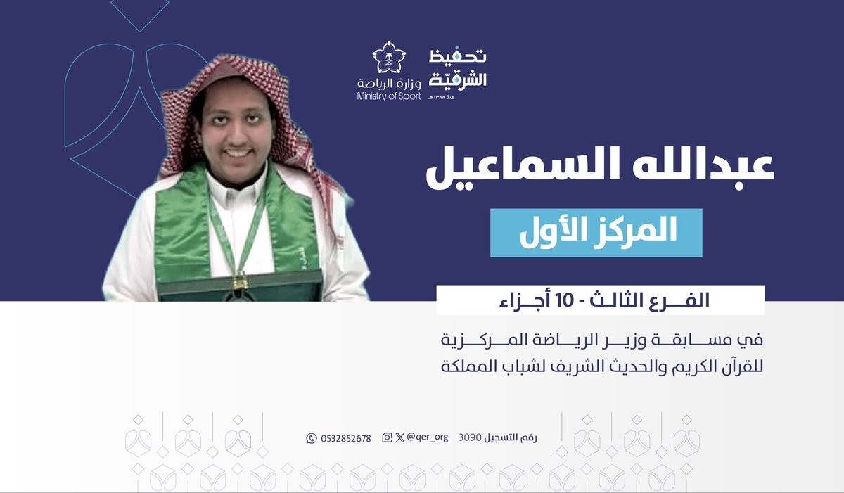 qer_org's tweet photo. ✨ استمرارًا لسلسلة النجاحات ✨
طلاب #تحفيظ_الشرقية يحصدون المراكز المتقدمة في جائزة وزير الرياضة المركزية لحفظ القرآن الكريم والحديث الشريف لشباب المملكة

🥇 عبدالله السماعيل | المركز الأول - الفرع الثالث
🥉 البراء العمّاري | المركز الثالث - الفرع الثالث

فوزٌ يجسد ثمرة برنامج المهرة النوعي لتأهيل الطلاب للمسابقات القرآنية محليًا ودوليًا.