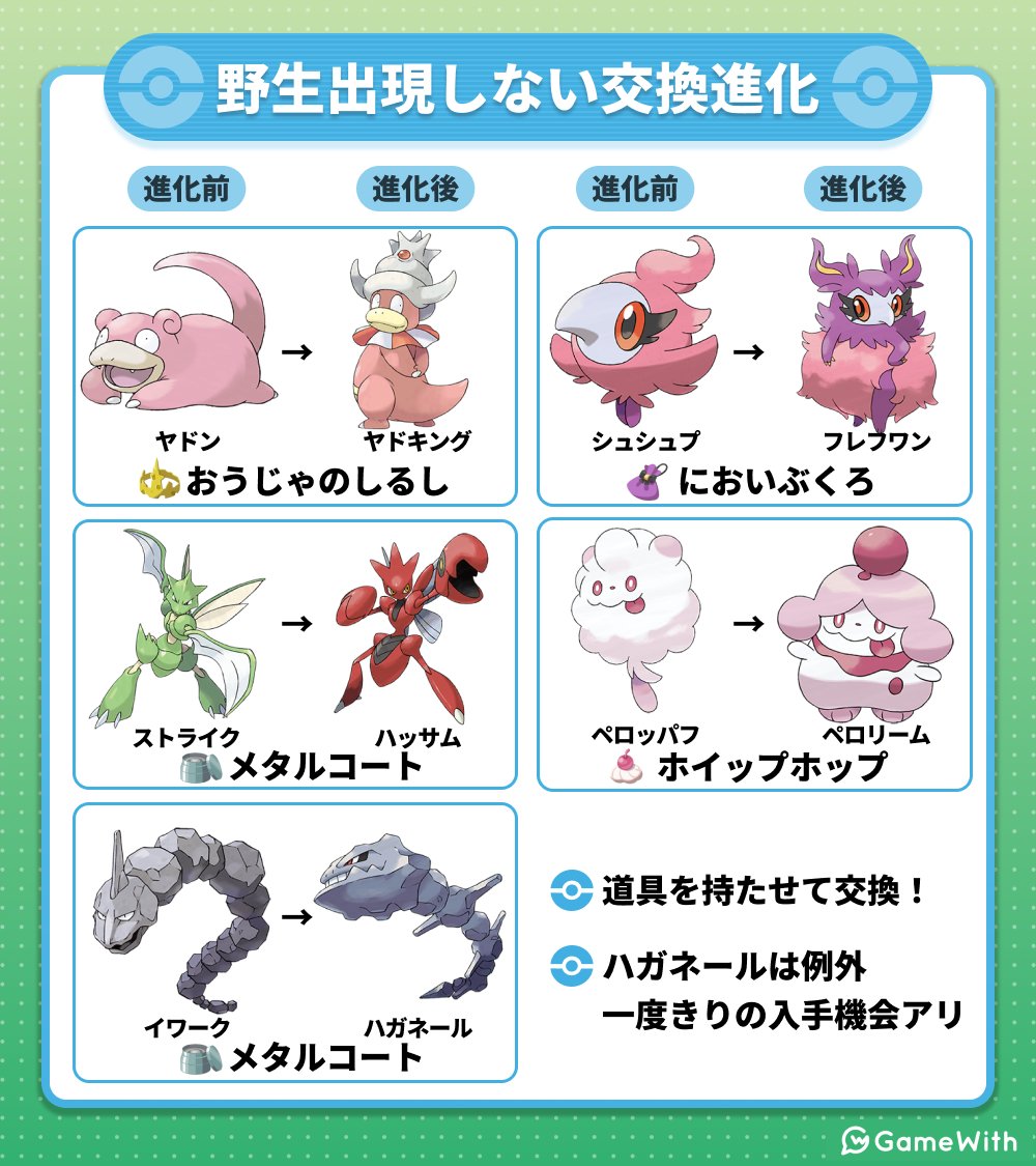 交換進化ポケモンの野生出現まとめ ／ フーディン・ゲンガーなど 6種は