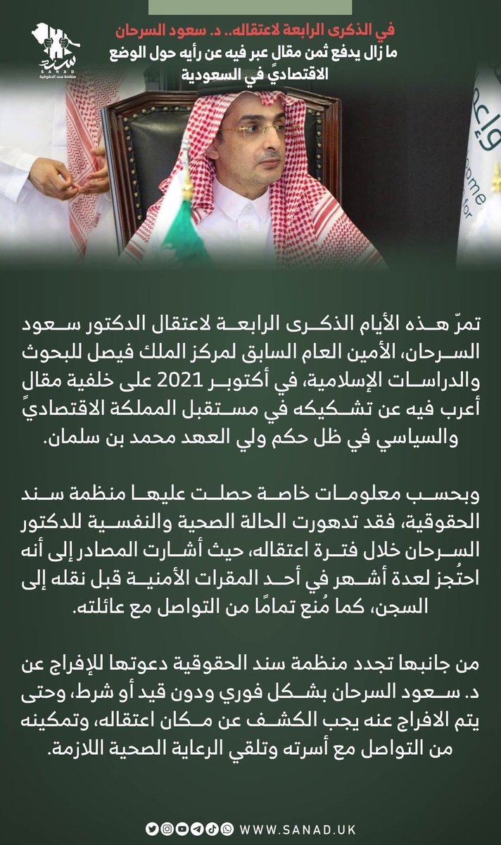 في الذكرى الرابعة لاعتقاله.. د. سعود السرحان ما زال يدفع ثمن مقالٍ عبر فيه عن رأيه حول الوضع الاقتصادي في السعودية.