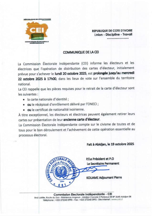 Communiqué de la Commission Électorale Indépendante (CEI) relatif à la prorogation de l'opération de distribution des cartes d'électeur.

#CEI #presidentielle2025
#electionci2025
#electionapaisee
#EPR2025
#cei_ci