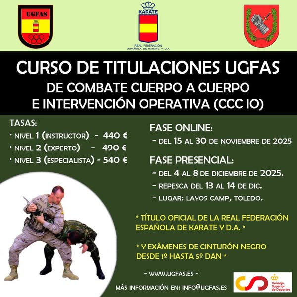 UGFAS_'s tweet image. 🚨 ¡Abiertas las inscripciones al Curso de Titulaciones UGFAS 2025! 🎓
¡Consigue tu título oficial federativo!
🥋 CCC – RFEK
💪 AC2M – RFEK
⚔️ AC3 – RFEE
📅 Online: 15–30 nov · Presencial: 4–8 dic (Layos, Toledo)
🎯 Formación oficial y exámenes de cinturón negro.
📩 info@ugfas.es