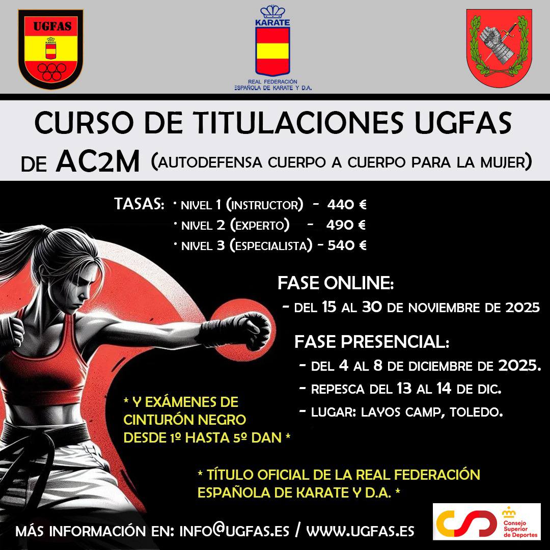 UGFAS_'s tweet image. 🚨 ¡Abiertas las inscripciones al Curso de Titulaciones UGFAS 2025! 🎓
¡Consigue tu título oficial federativo!
🥋 CCC – RFEK
💪 AC2M – RFEK
⚔️ AC3 – RFEE
📅 Online: 15–30 nov · Presencial: 4–8 dic (Layos, Toledo)
🎯 Formación oficial y exámenes de cinturón negro.
📩 info@ugfas.es