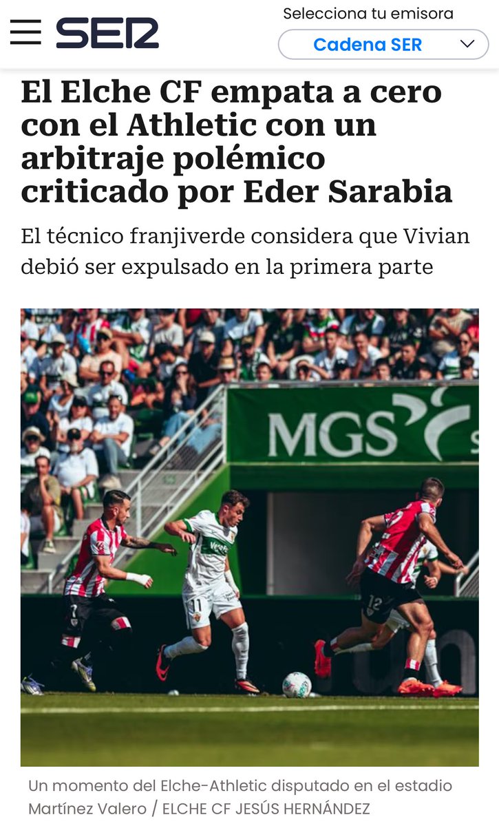 CRÓNICA | ELCHE - ATHLETIC CLUB

El Elche CF empata a cero con el Athletic con un arbitraje polémico criticado por Eder Sarabia

👀 cadenaser.com/comunitat-vale…

✍🏻 <a href="/PepeMorago/">JOSÉ JIMÉNEZ MORAGO</a> 

#ElcheAthletic #ElcheCF #LaLiga #CarruselElche