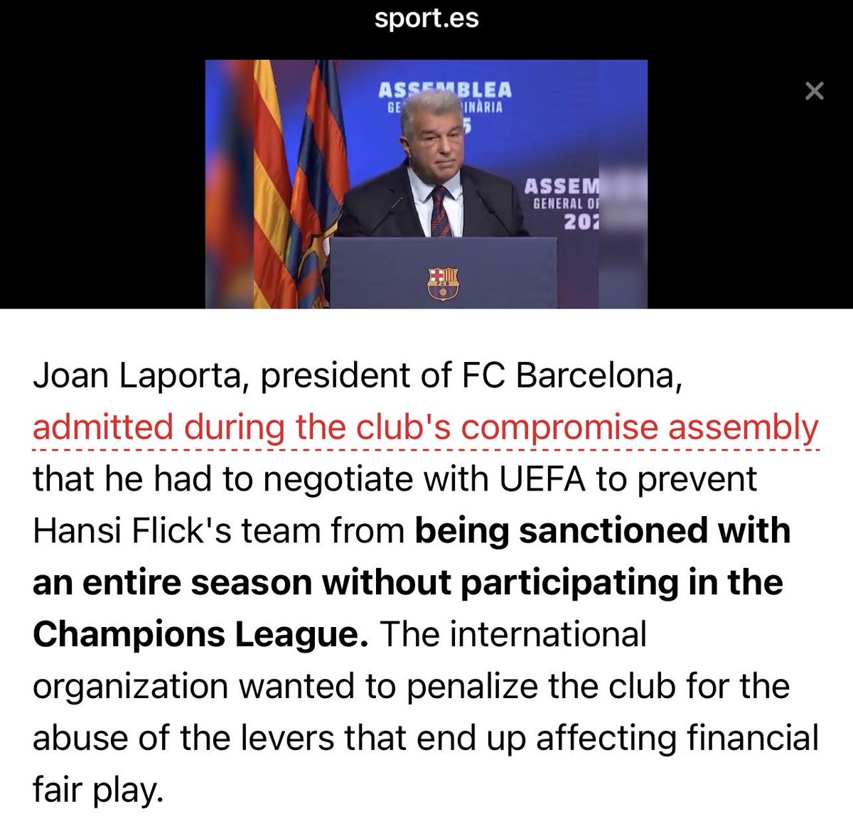 MadridSpot's tweet image. 🚨 LATEST: Laporta himself confirmed that he managed to talk UEFA out of imposing a UCL ban.
But Barca fans will still claim that “everyone is against them”.
So, within last month or so, UEFA has given Barcelona two favours:
1️⃣ According to Laporta, UEFA cancelled a sanction…