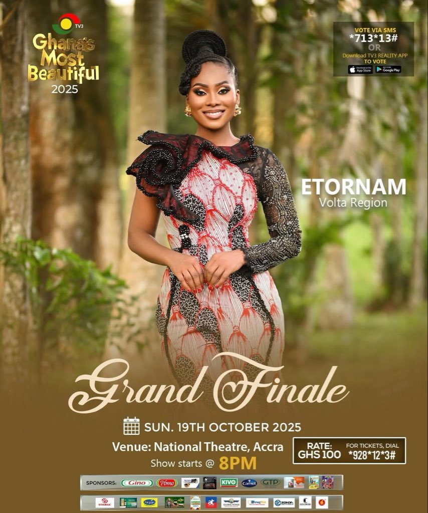 Etornam has displayed remarkable elegance, intellect, and cultural pride throughout her journey in Ghana’s Most Beautiful 2025. She has represented the Volta Region and our rich heritage with grace, confidence, and excellence.

This evening, she takes the National Theatre stage