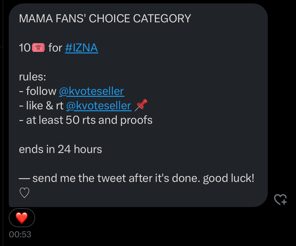 [251020] RT DEAL

🗳️MAMA Fans’ Choice Female Category 

🏆 10 votes

RULES:
- follow <a href="/kvoteseller/">lf choeaedol idolchamp kookys mnet kpop vote</a> 
- like &amp; rt <a href="/kvoteseller/">lf choeaedol idolchamp kookys mnet kpop vote</a> pinned 📌
- rt this tweet (min 50)
- drop proof (min 50)

⏰ 24 hours

#izna #이즈나 #イズナ <a href="/izna_offcl/">izna</a> <a href="/izna_offcl_jp/">izna JP</a>