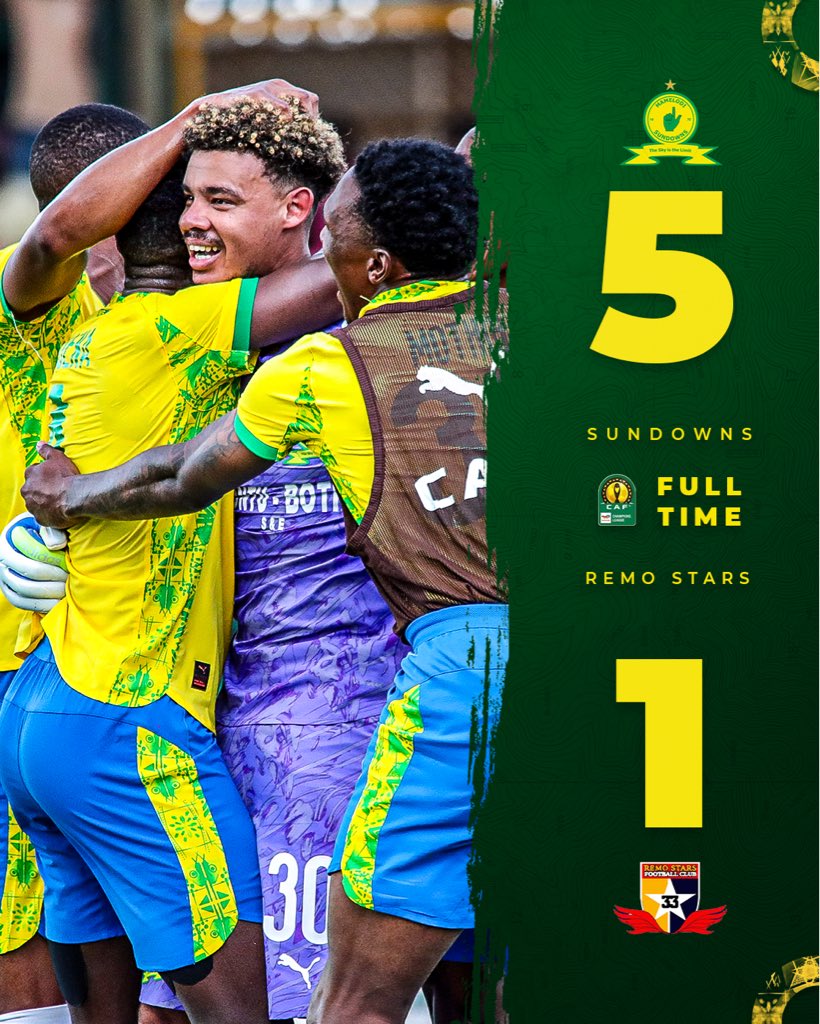 A dominant 5️⃣ goal performance from Masandawana! See you at Loftus for the second leg next Sunday. 💪

Remo Stars (76’ Olasupo) 1️⃣➖5️⃣ Mamelodi Sundowns (12’ Matthews, 41’ Shalulile, 61’ Reisinho, 74’ Sales, 84’ Ntsabeleng)

#Sundowns #TotalEnergiesCAFCL #AreyengMasandawana