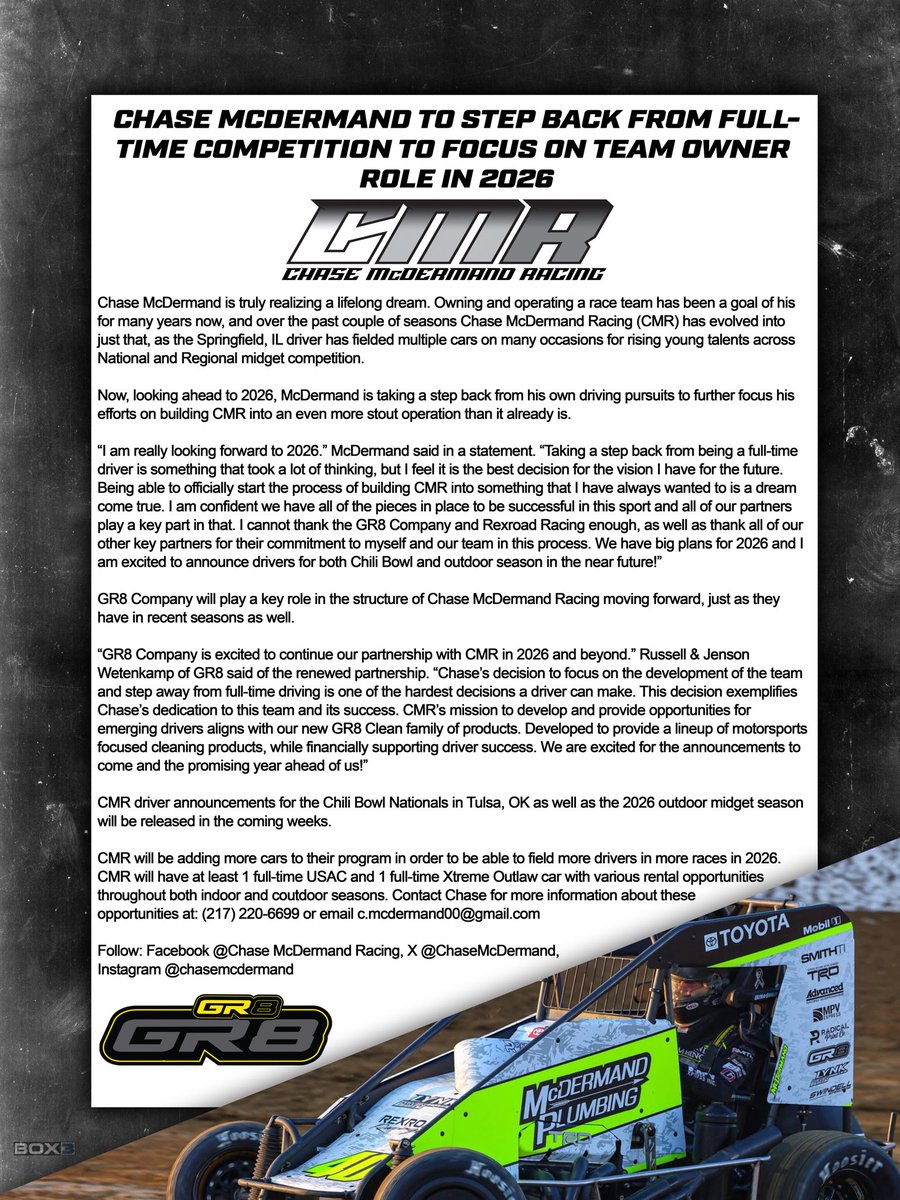 ChaseMcDermand's tweet photo. 2026 Announcement ⬇️ ⬇️

Stay tuned for news regarding our 4 car lineup for @cbnationals and 2026 outdoor season soon! Hope to see everyone at the track in 2026 👊🏼 

Thank you to every one of our partners that have played a part in CMR. https://t.co/nnrPIal9hi