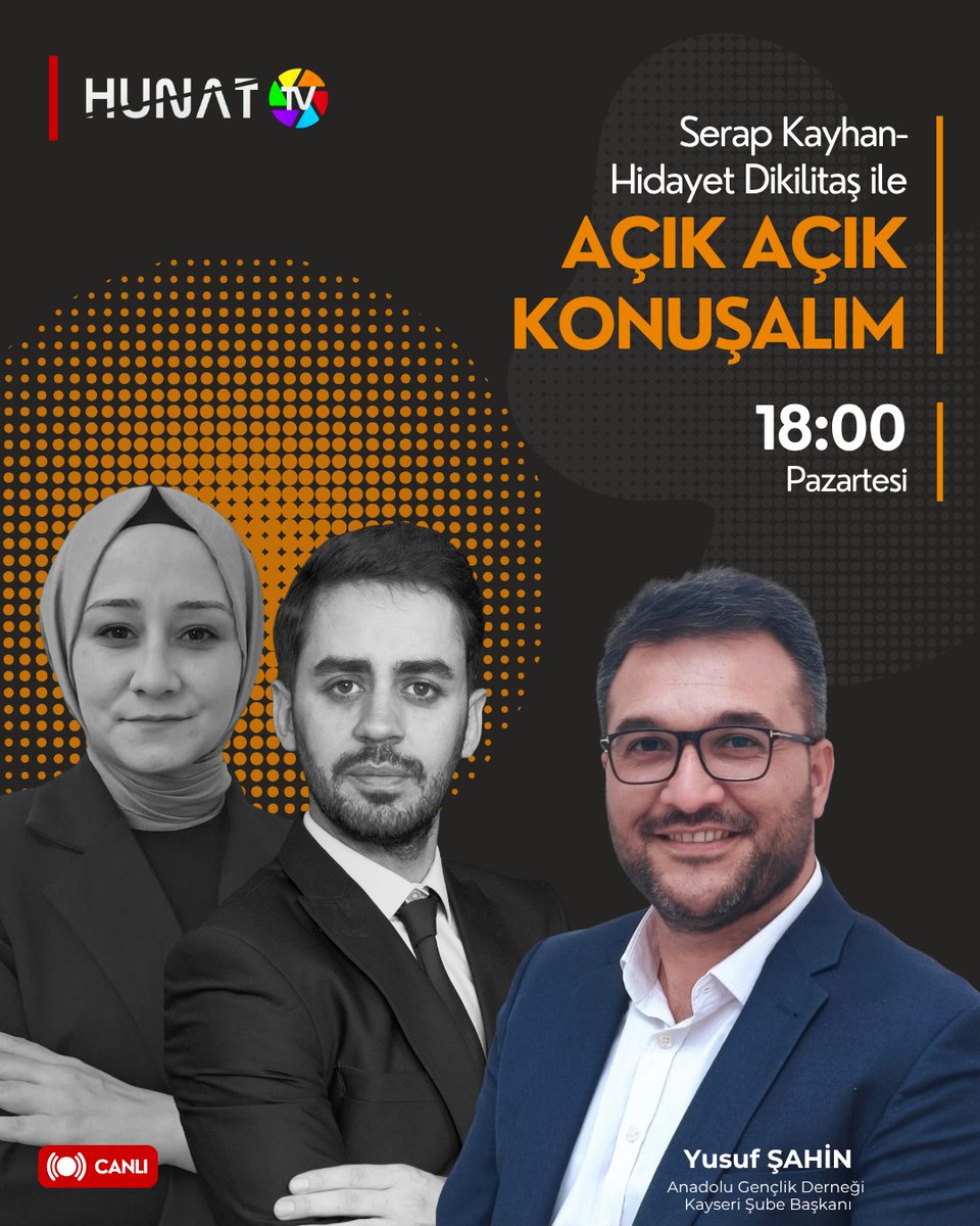 20 Ekim Pazartesi günü saat 18:00’de Hunat TV de canlı yayınına konuk olacağız. Programda faaliyetlerimize ilişkin bilgiler paylaşacağız. Kıymetli dostları yayınımıza bekleriz.

#hunattv #agd #mgv #kayseri #tv
