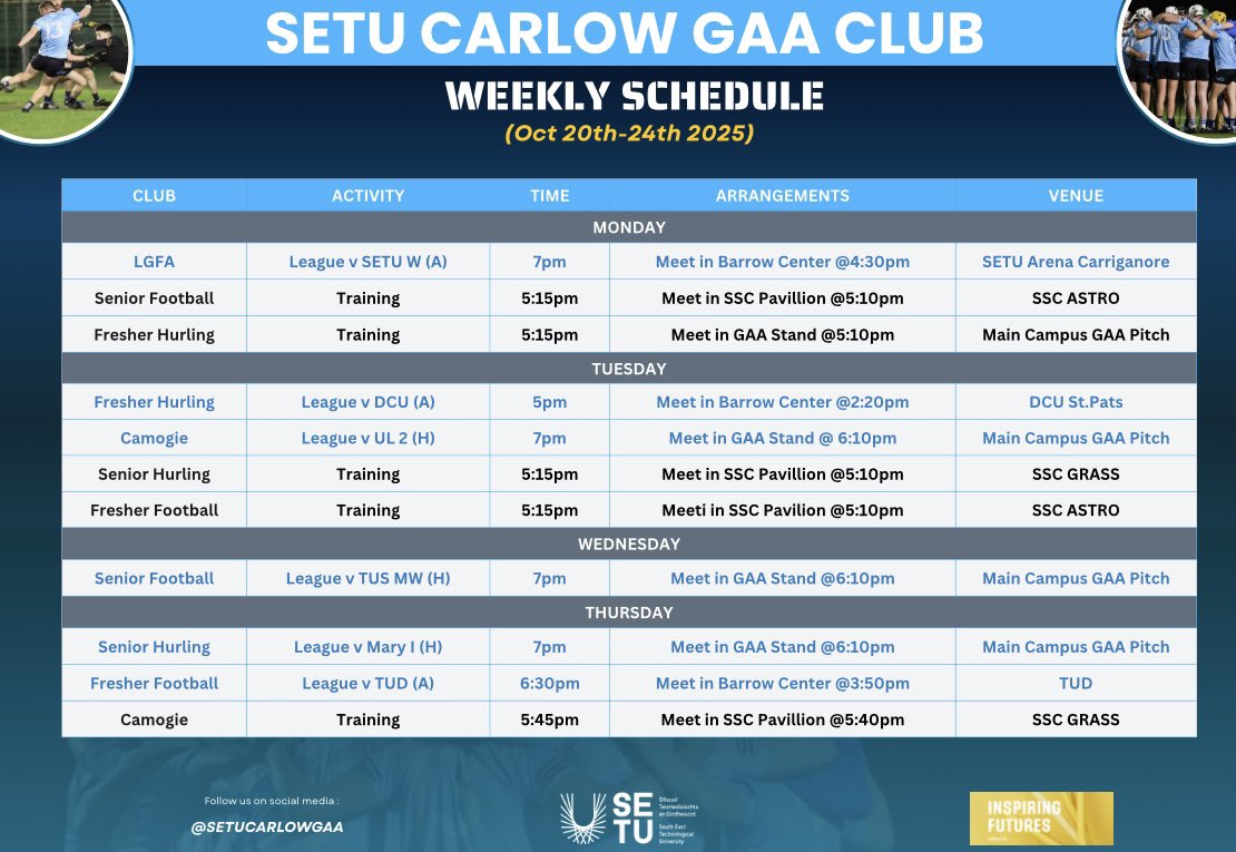 This weeks schedule 🏑🏐

3 home games this week on Main Campus - with our Camogie, Senior Footballers and Senior Hurlers all in action, make sure to get out and support !  

Best of luck to our Ladies Footballers , Fresher Hurlers and Fresher Footballers who are in away action💪