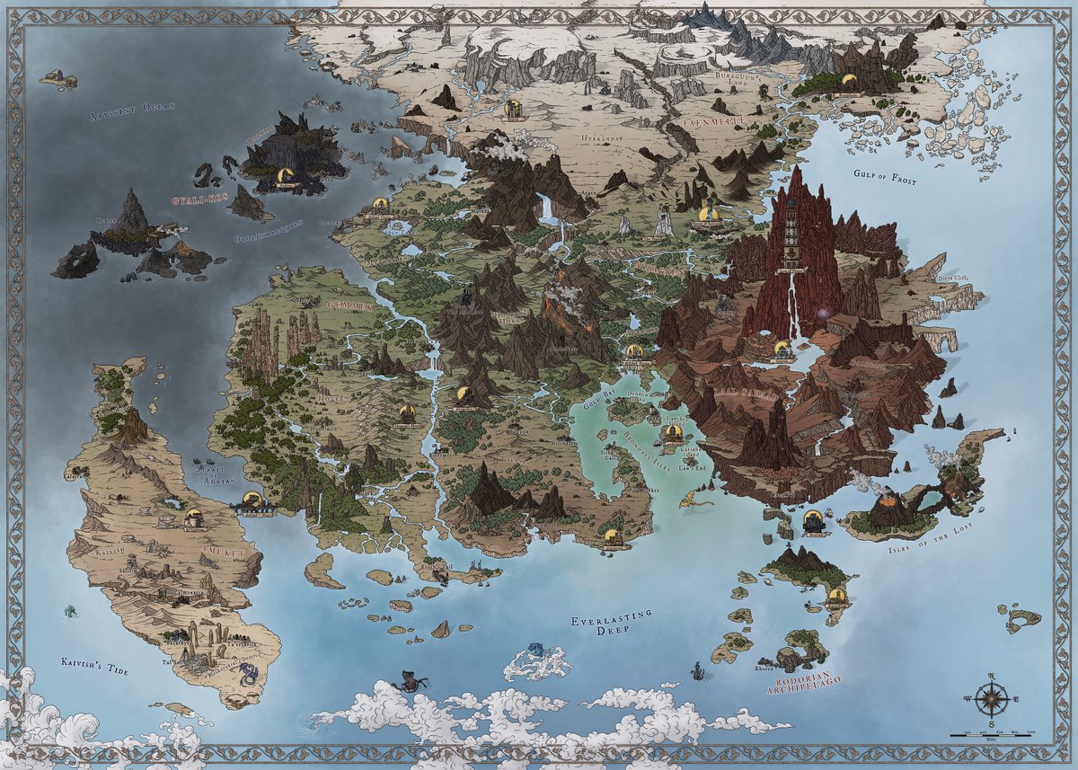 The World of Aura, of my first big commissions. Still to this day I remember this map fondly, having to draw unique biomes, detailed icons, ships, dragons and fiery volcanoes… I hope you all like it! 

You can find many fantasy maps on my store:
nerdymaps.etsy.com