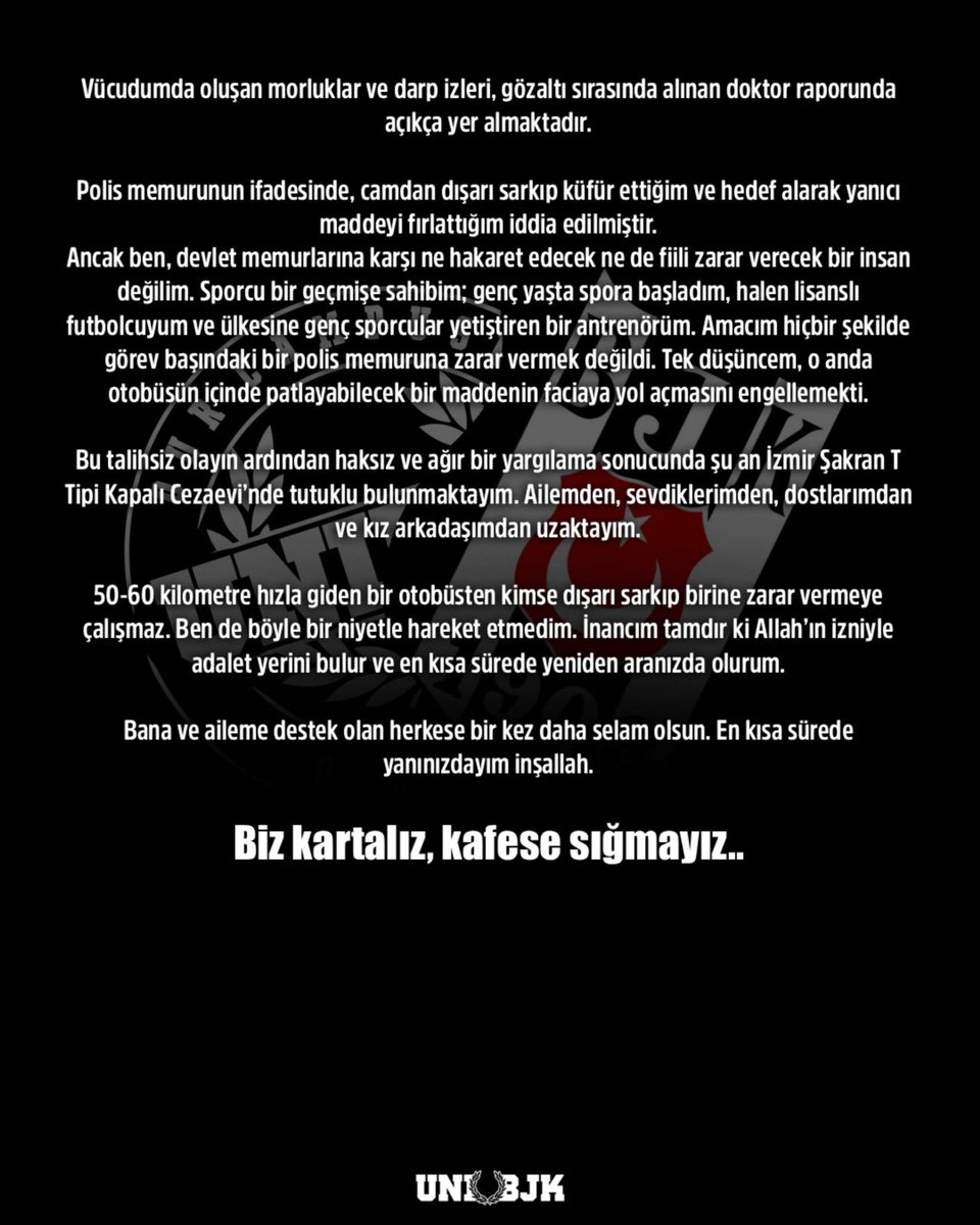 Tam 1 aydır haksız yere cezaevinde tutulan kardeşimiz Şahin Sela Dalkılıç’ın sevenlerine açık mektubudur;

Biz kartalız, kafese sığmayız.

#ŞahinSelaDalkılıçİçinÖzgürlük