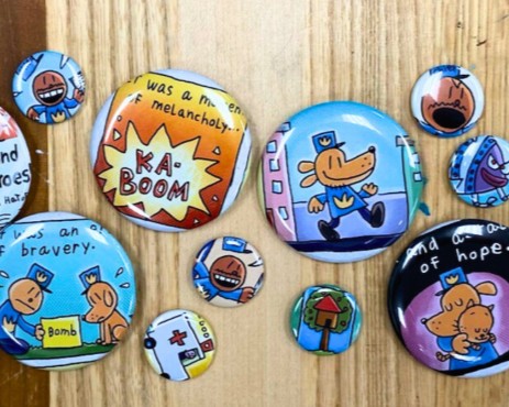 We're making Dog Man buttons and bookmarks on Thursday, October 23 at 3:00 pm out of old/discarded books! Limited space!  Free tickets available at the children's desk beginning at 2:30 pm.