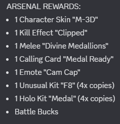 Arsenal and Medal are teaming up for 4 weeks of challenges with rotating rewards!

HOW TO CLAIM:
• Get Medal here: medal.tv/?ref=roblox-ar…

• Win active challenges (main menu promotional button) and claim rewards!

Play below:
roblox.com/games/28609042…

#ROBLOX #RobloxArsenal