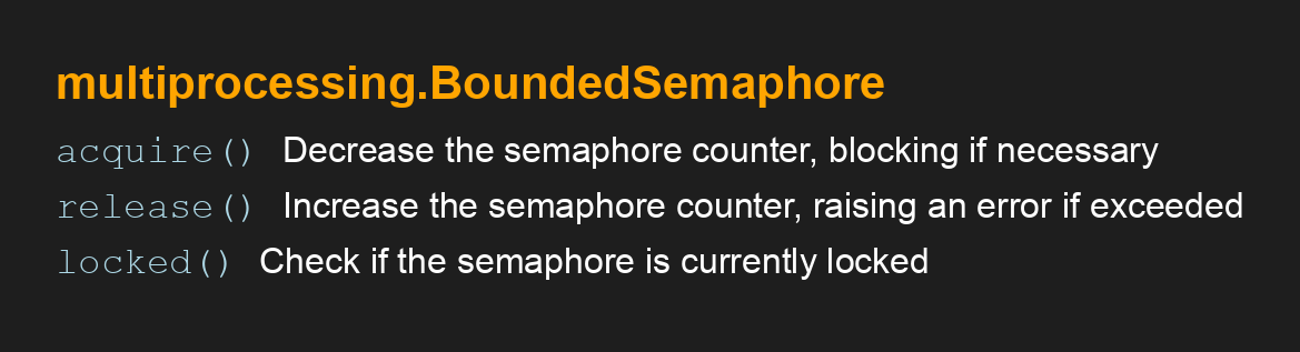 SuperFastPython's tweet image. multiprocessing.BoundedSemaphore API
#Python #Concurrency