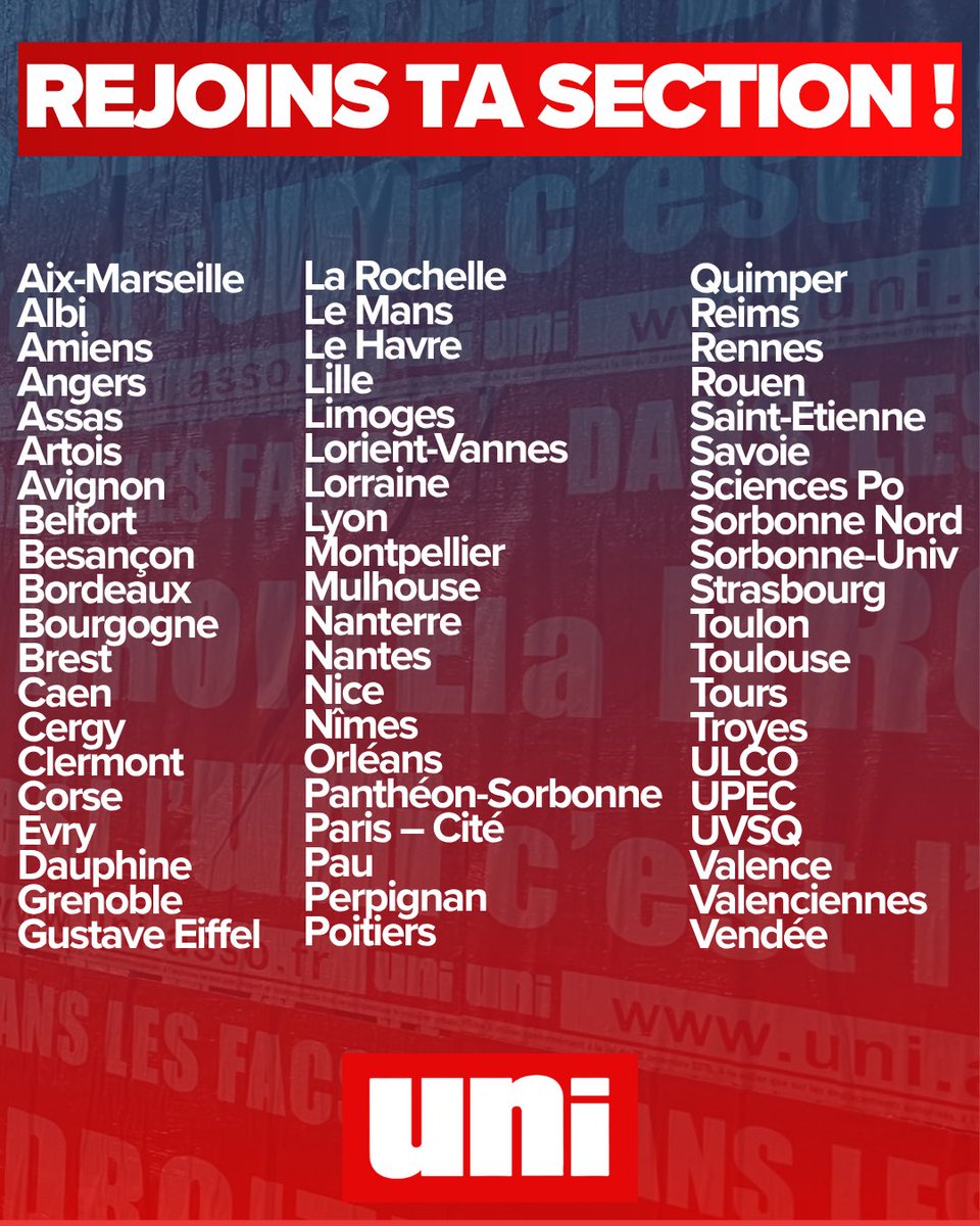 Où que tu sois, une section de l’UNI t’attend !
Ne reste pas spectateur et rejoins la droite étudiante pour défendre tes valeurs 🔴⚪️
