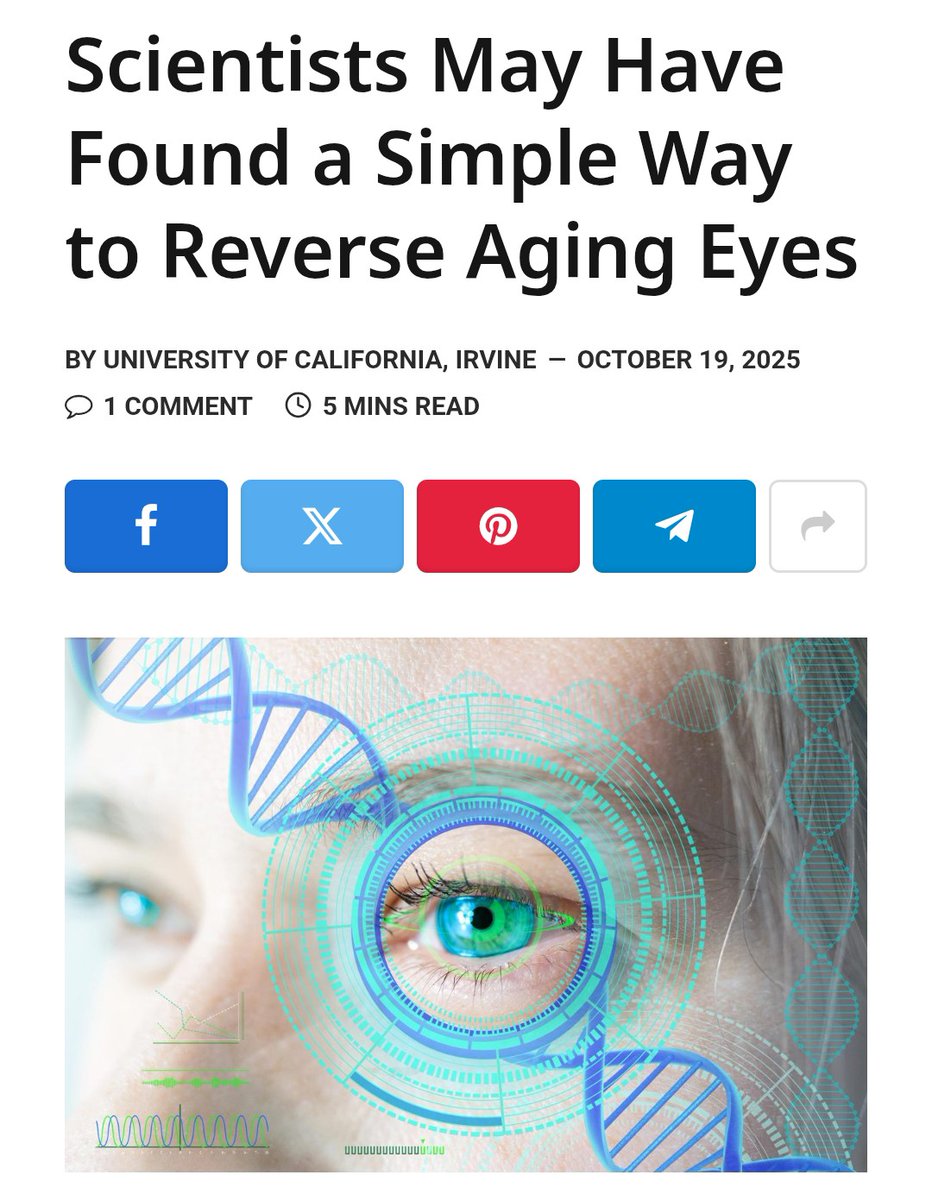 Dr_Singularity's tweet image. "Scientists at UC Irvine have found a way to restore vision in aging eyes by targeting how the body processes certain fats."
One day - eyes, other day heart, month after that - skin. Full body rejuvenation era is coming.