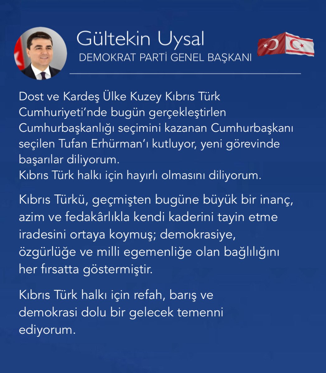 Dost ve Kardeş Ülke Kuzey Kıbrıs Türk Cumhuriyeti’nde bugün gerçekleştirlen Cumhurbaşkanlığı seçimini kazanan, Cumhurbaşkanı seçilen Tufan Erhürman’ı kutluyor, yeni görevinde başarılar diliyorum.
Kıbrıs Türk halkı için hayırlı olmasını diliyorum.

<a href="/DpGultekinUysal/">Gültekin Uysal</a>