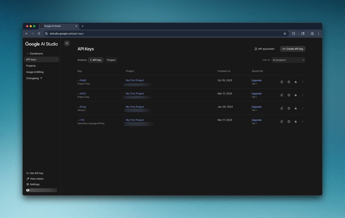 GoogleAIStudio's tweet image. our redesigned API key page is live. we've made it easier to manage your credentials with:
• key renaming
• group by project
• a new UI to easily import and view key details