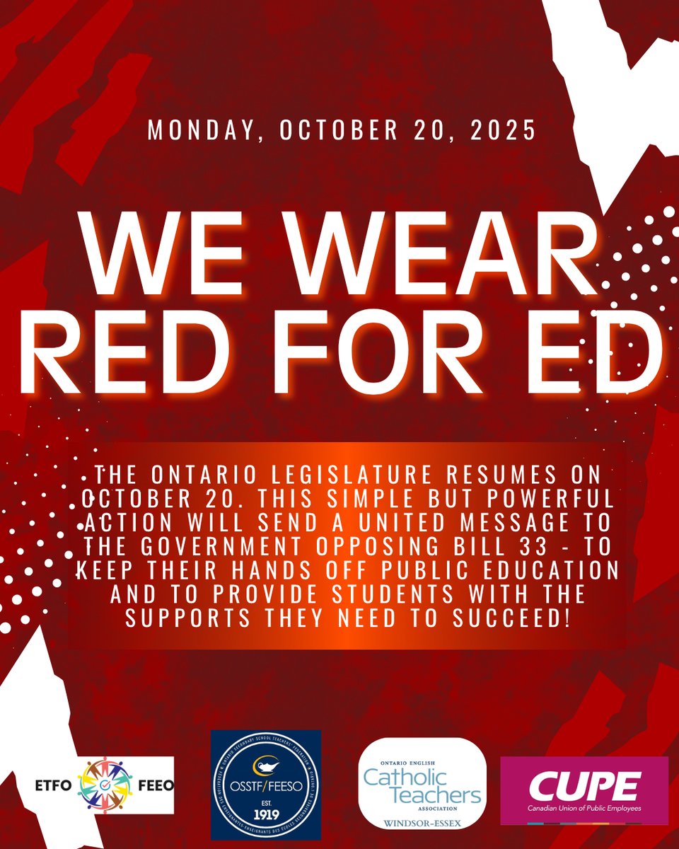 On Monday we wear red to show our solidarity with our other teacher and educator affiliates!
We wear red to send a message to our government that we oppose Bill 33!
#windsoressexelementary #OSSTF #ETFO #CUPE #Solidarity